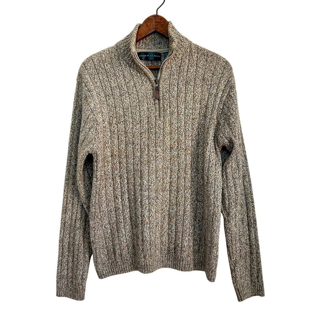 Oscar de la Renta Men's Quarter Zip Heather Brown Knit Sweater Medium